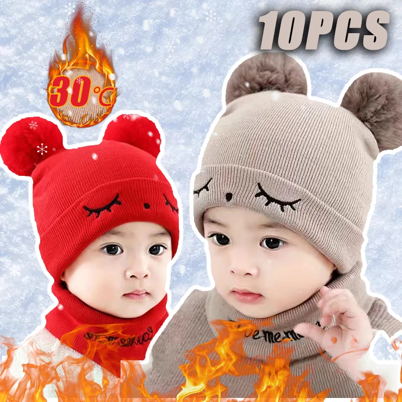 Baby Hat Autumn and Winter Baby Thickened Warm Knitted Cap Solid Colour Baby Knitted Fleece Cap Children\'s Hats