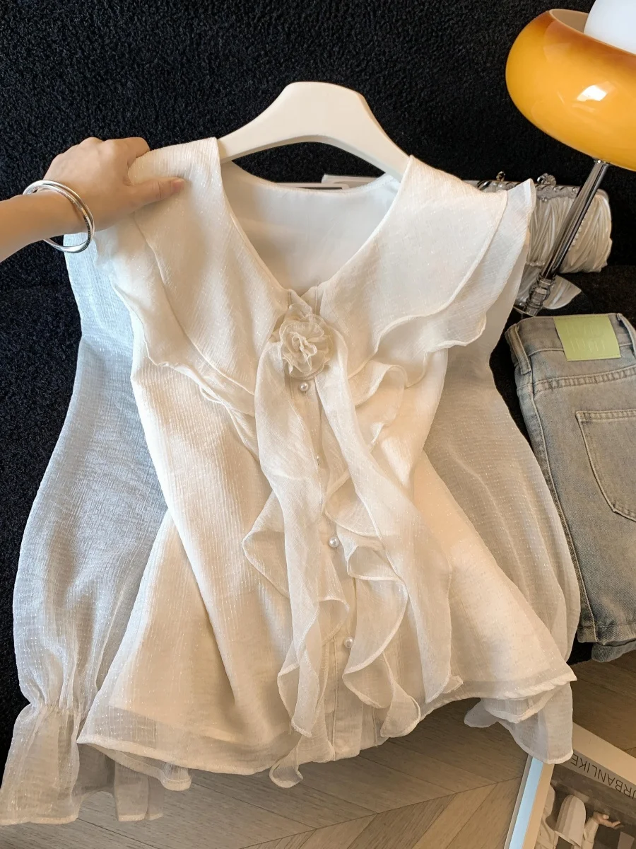 

Элегантная женская блузка с V-образным вырезом и 3D-цветами, весна 2026, новый стиль, молодежный топ с кружевной отделкой, французский стиль, свободный крой, длинный рукав