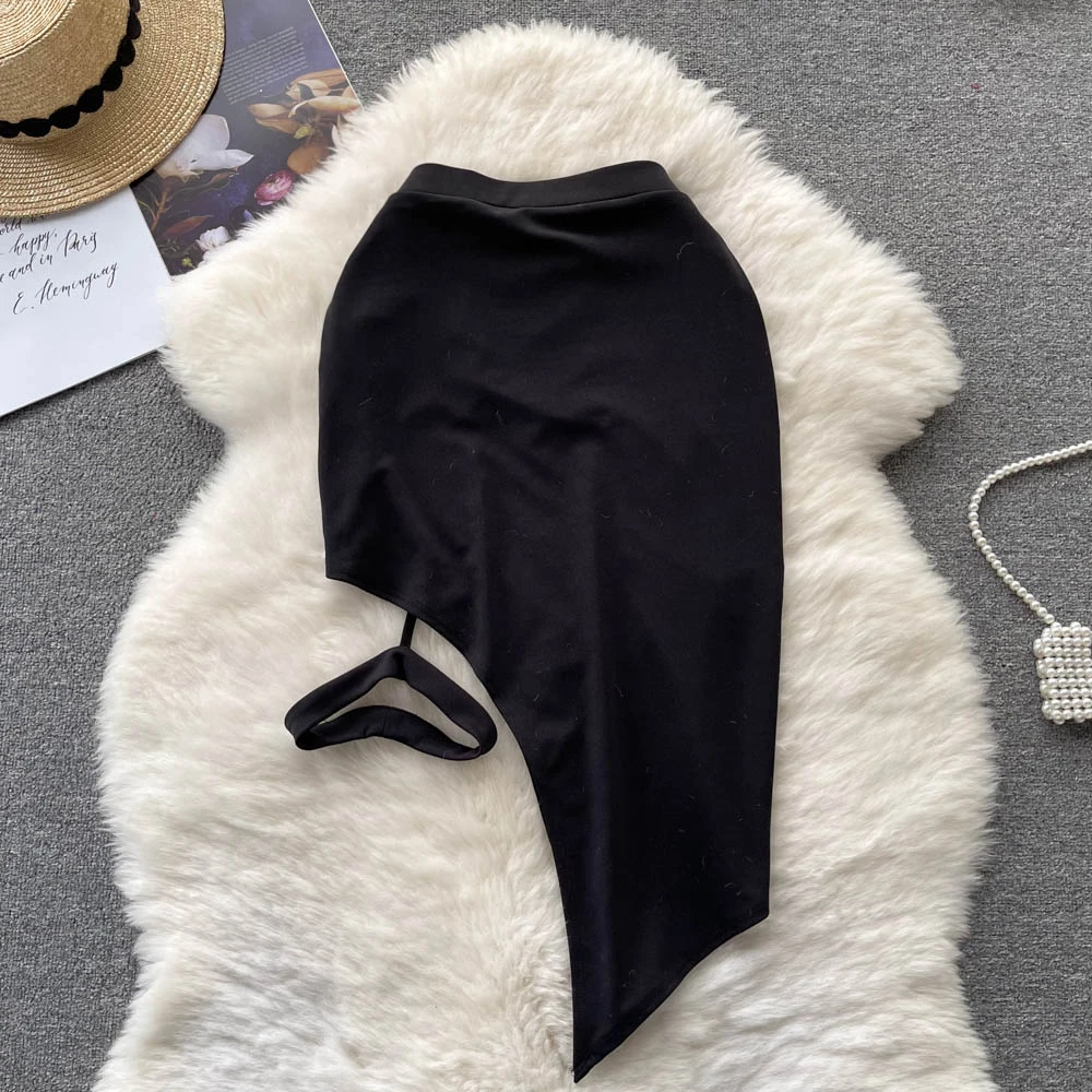 Długa spódnica damska z wysokim stanem, w kształcie litery A, z asymetrycznym rozcięciem, dopasowana, plisowana, z ekoskóry, seksowna, obcisła, o średniej długości, w stylu koreańskim.