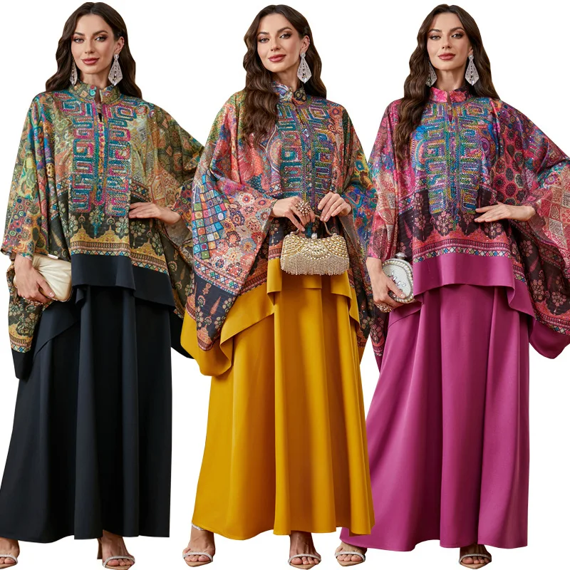 

Dresses Suit Women Eid 2 Piece Sets Cape Top Sundress Embroidery Abayas Muslim Outfits Morocco Dubai Kaftan Vestidos Long Robe