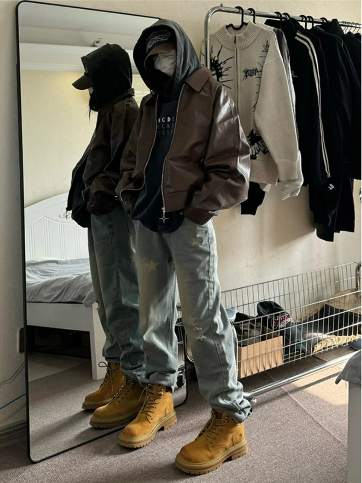 

American Sle Straight Leg Jeans Matching Yellow Boots Men's Autumn Winter Trendy Brand Star Workwear Pants
