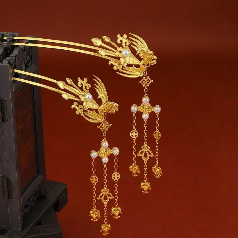 

Original Palace Jewelry Phoenix Step Swinging Hairpin Pure Silver Gold Plated Hanfu Accessories Jiufeng Tassel Hairpin