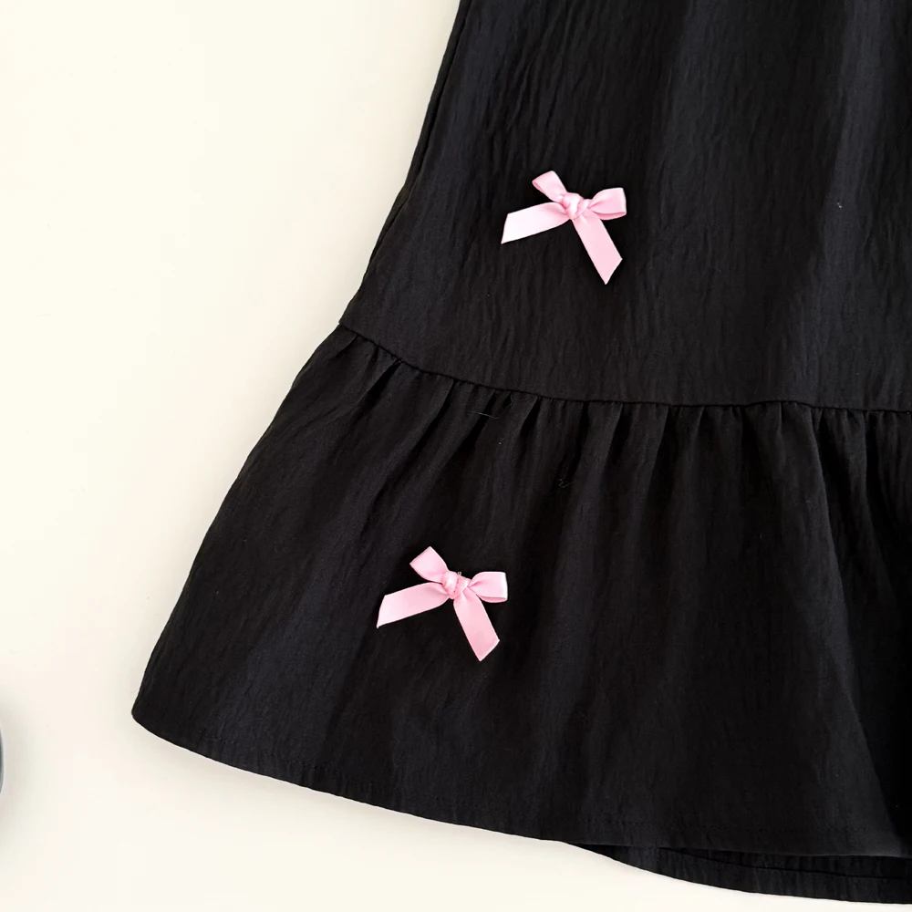 สาวฤดูร้อนชุดรอบคอสีชมพูโบว์แขนกุดแฟชั่นชุดเจ้าหญิงสีทึบชุดลําลองสําหรับสาวสําหรับ 3-7Y
