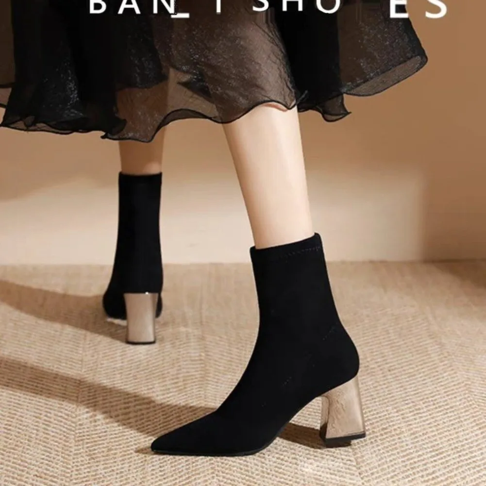 أحذية نسائية مثيرة من جلد الغزال بكعب سميك وكعب عالي أسود مدبب أحذية متعددة الاستخدامات وأنيقة Zapatos De Mujer Ofertas #4