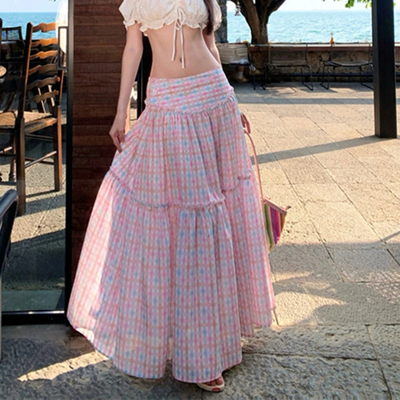 

MEXZT Streetwear Pink Plaid Midi Skirt Women Fashion Harajuku Patchwork Skirts Summer Ladies Korean Casual Design A Line Faldas