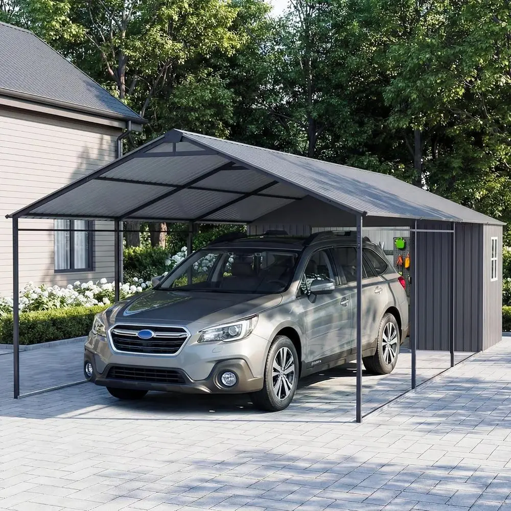 

12x25 T 2-in-1 Carport Storage Shed (12x20 Carport & 12x5 Storage) with Enclosed Storage Room, Heavy Duty Galvanized Metal e, Al