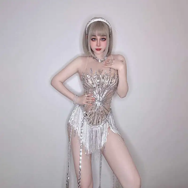 

Bar Disco Dress Latin Slimming Mesh Rhinestone Tassel Bodycon Triangle Pants Stage Performance Sexy Costume