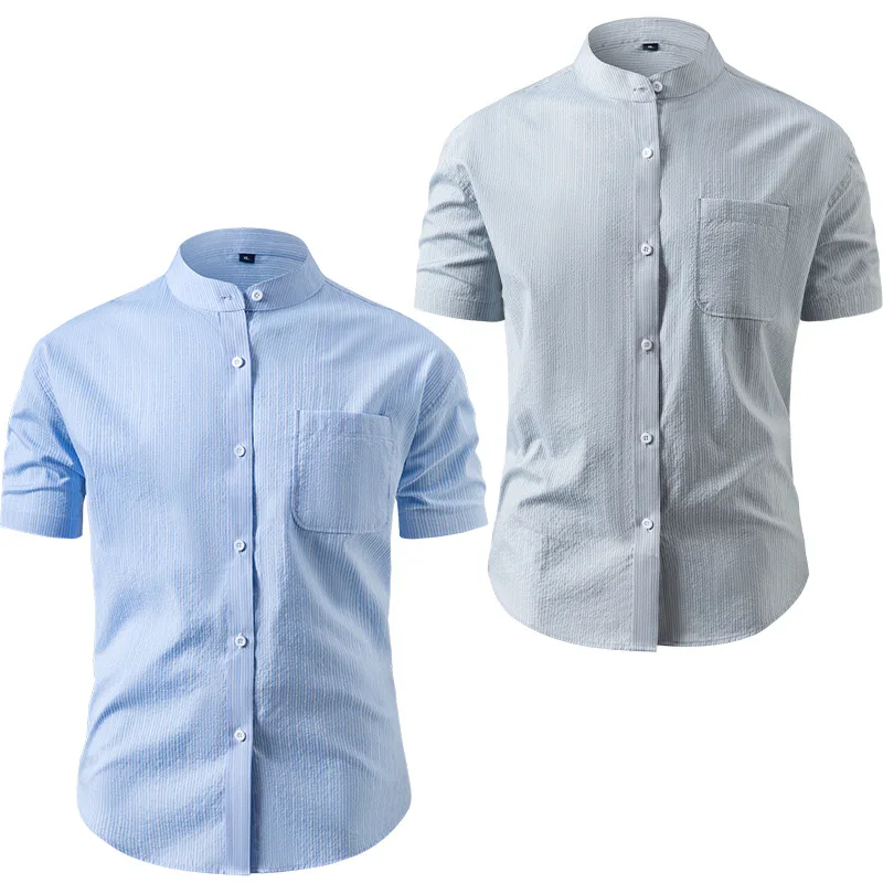 

Light blue collar men shirt, summer bubble cloth breathable cotton men shirt, slim striped casual short-sleeved shirts wholesale