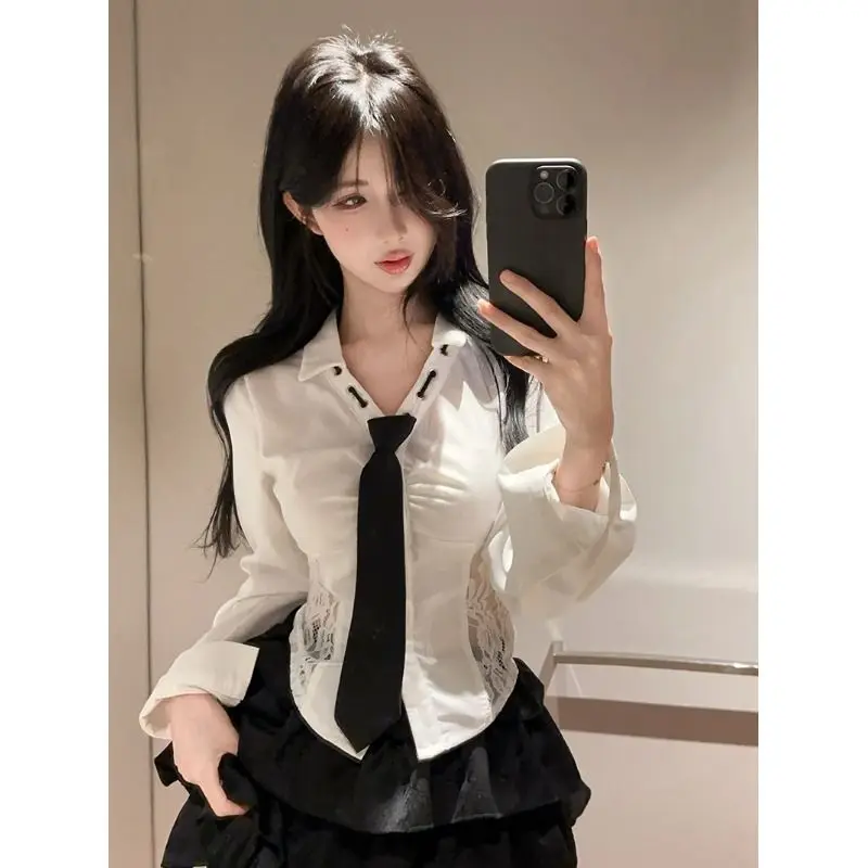 Women Spring Summer Sexy Lace Patchwork Solid Color Long Sleeve Shirts Ladies Sweet Preppy Style All-match Appear Thin Tops