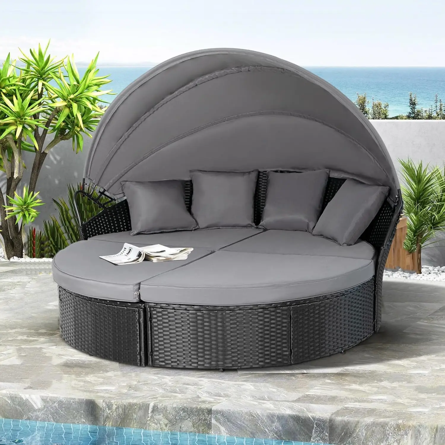 

Outdoor Patio Canopy Bed Round Daybed with Washable Cushions, Clamshell Sectional Seating Wicker Furniture