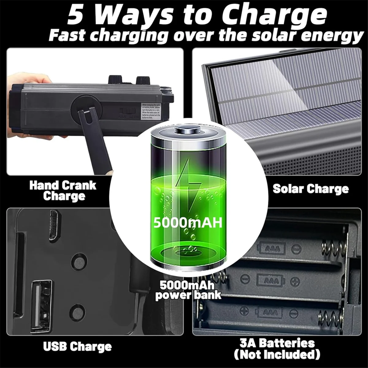 Emergency Weather Radio Hand Crank Solar Radio Portable AM/FM/NOAA Radio with 5 Charging Modes Cell Phone Charger HOT