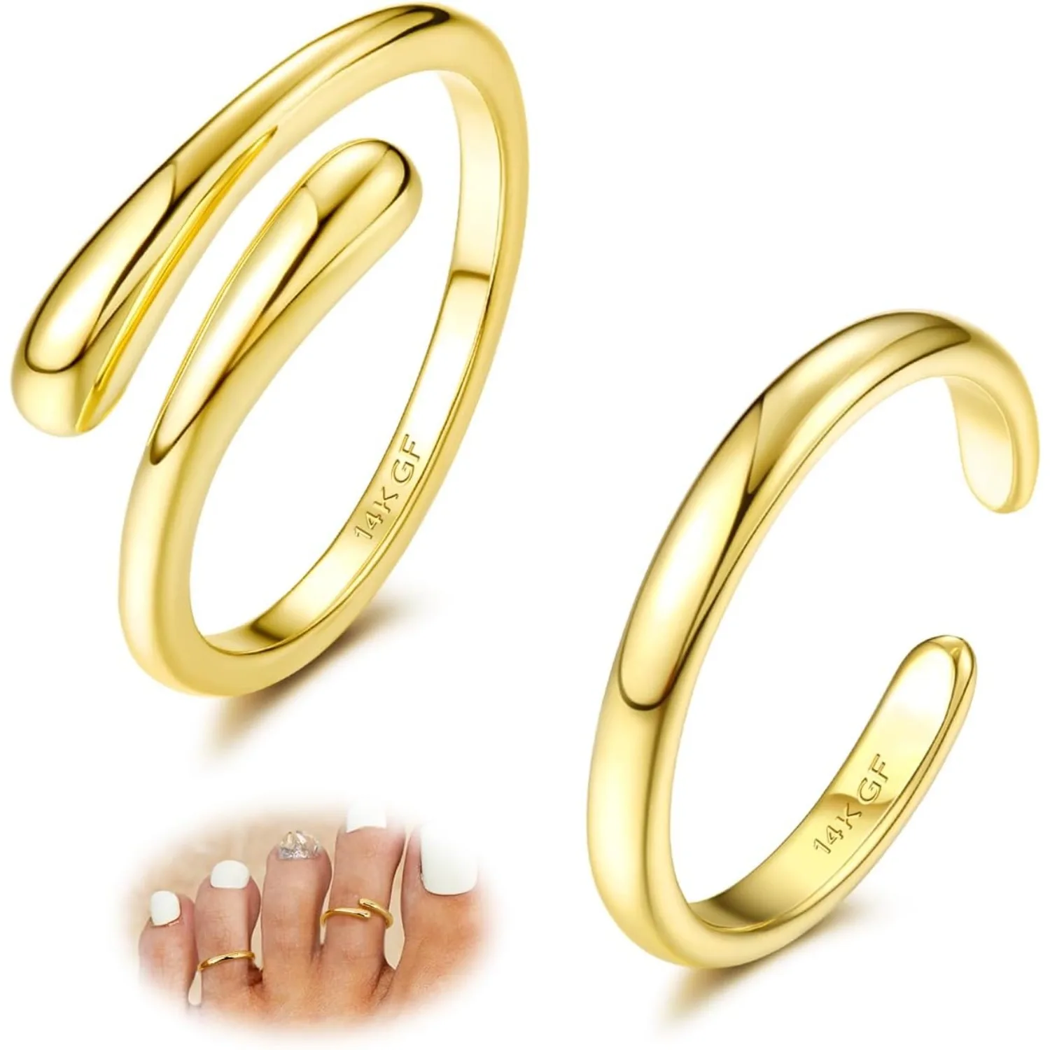 Bobisty 14K Gold Plated Toe Rings for Women Waterproof Hug CZ Open Band Toe Rings Adjustable Toe Ring Summer Beach Foot Jewelry