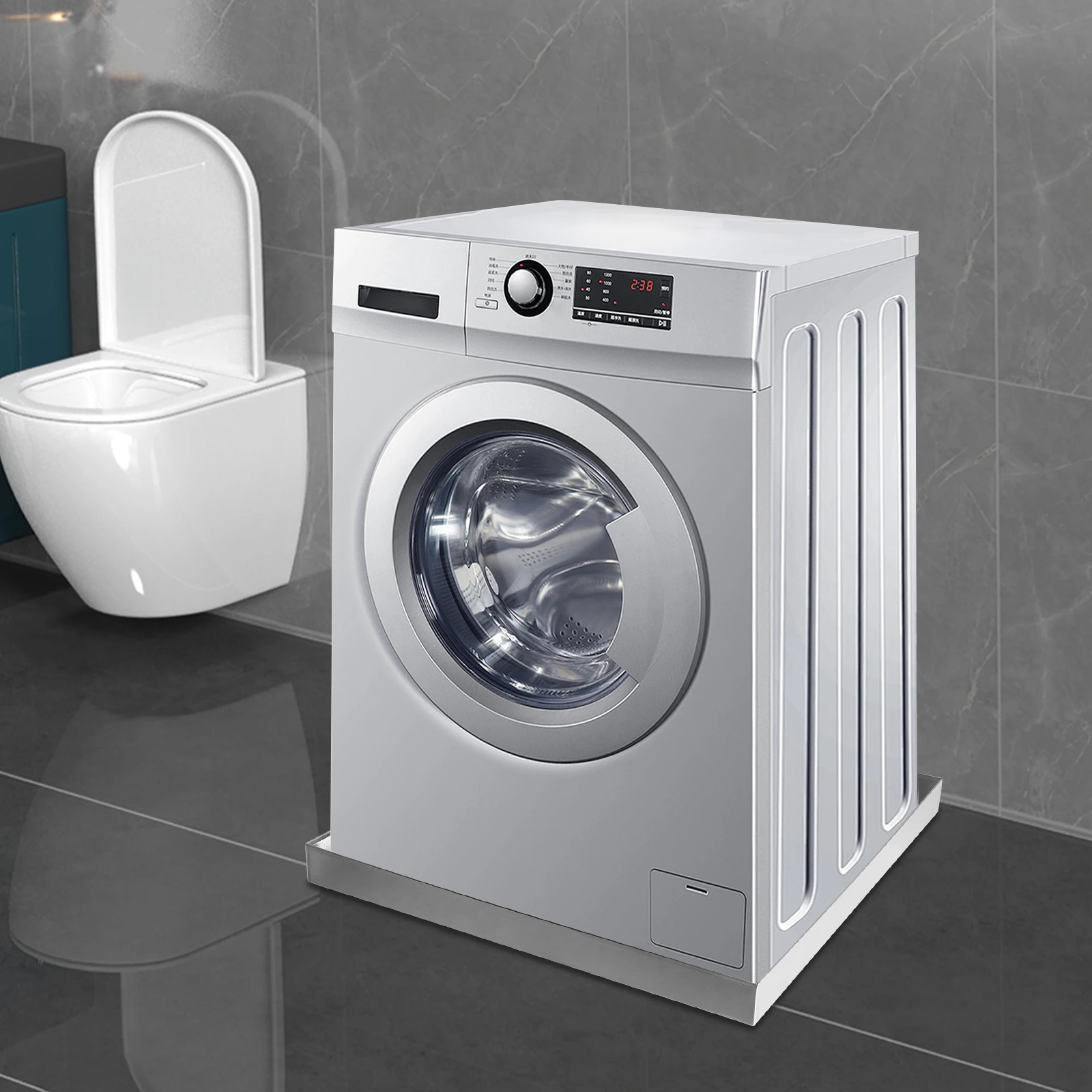 

Practical Silver Washing Machine Drip Tray With Pre-Cut Hole - Drain Adapter, 2.5In Raised Baffle Prevents Water Leakage