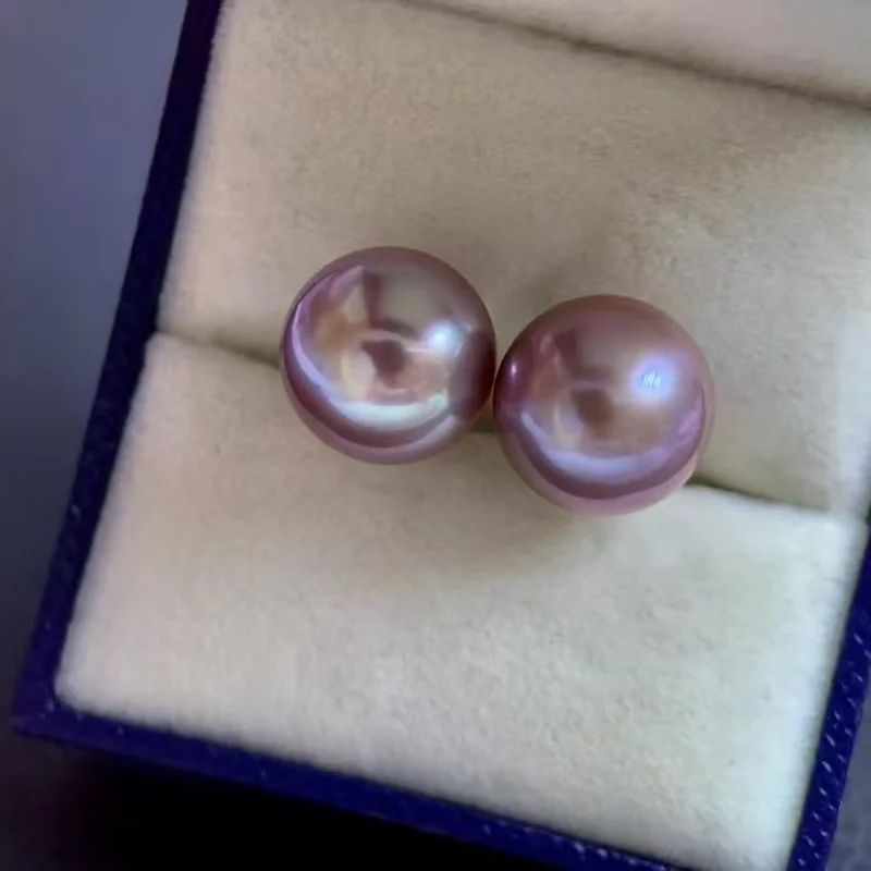 

Natural Freshwater Edison Pink Purple Round Pearl Earrings S925 Sterling Silver Large Particle Paired Classic Jewelry Gift