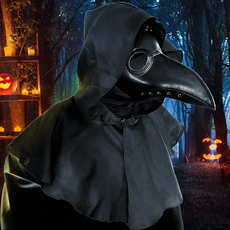 Halloween Costume Props Plague Doctor Mask and Cloak Long Nose Beak Leather Masks for Adult Reaper Cloak Medieval Black Hat
