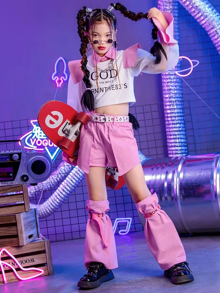 

2023 Jazz Dance Performance Costumes For Kids Pink Loose Outfits Children Clothing Girls Hip Hop Dance Rave Clothes DQL8760
