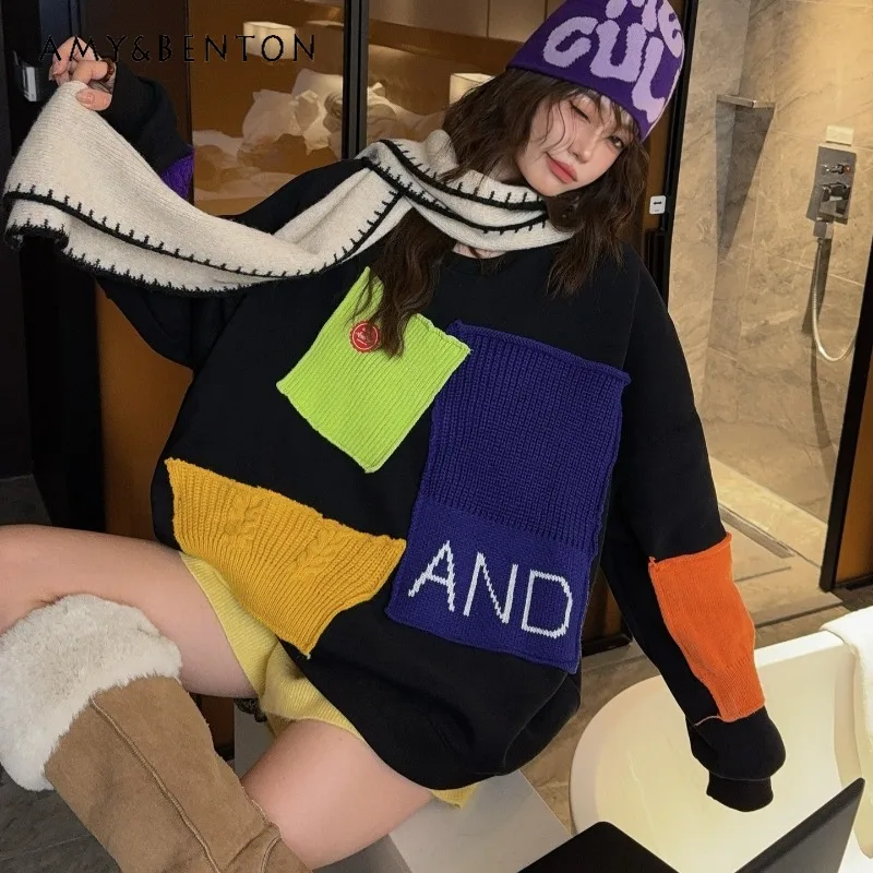 

2025 Trendy Fashion Winter New Oversized Loose Hoodies Heavy Industry Cartoon Patchwork Fleece Warm Sweatshirt Top Jacket Ladies