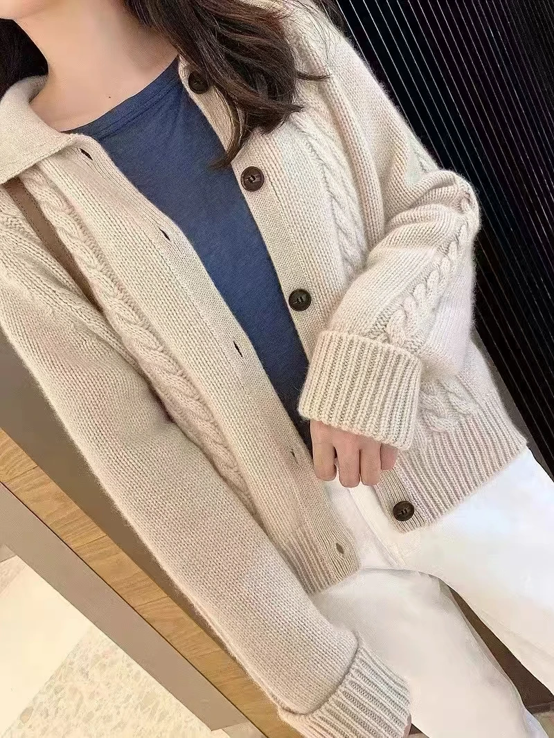 Autumn and winter 100% pure cashmere women\'s cardigan thick knit Polo lapel knit cardigan women\'s V-neck loose sweater coat