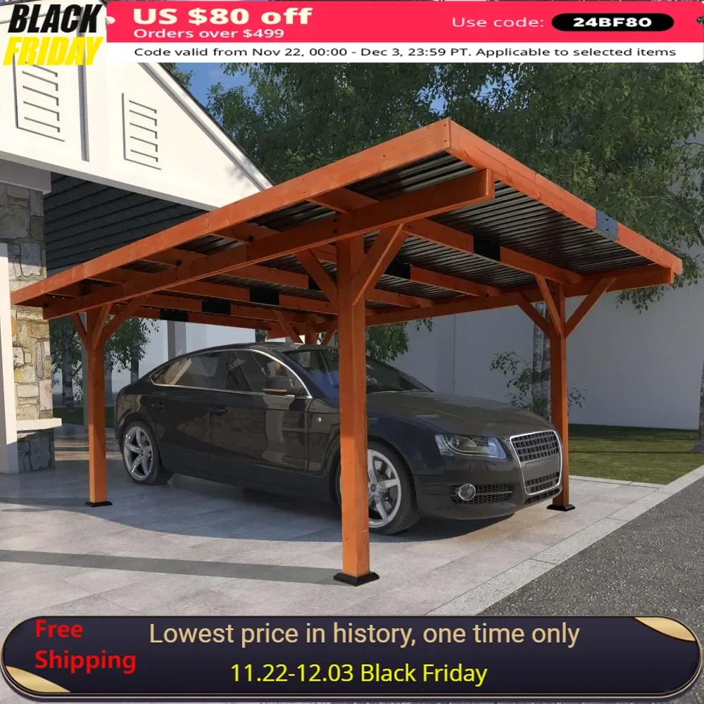 18.3x12.6x7 FT Carport Garage with Hard Top Steel Roof for Parking Car, Boats on Patio, Garden, Heavy Duty Wooden Carport Garage