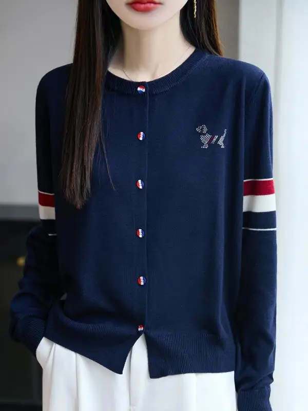 

Lightweight Knitted Open Cardigan Long Sve round Ne Striped Women's Top Korean Sle Loose Fit Soft Fabric Studentwear