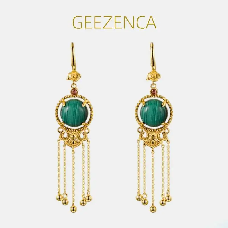

GEEZENCA Jadeite Malachite 925 Silver Gold Plated Long Tassels Earrings Luxury Court Style Women's Dangle Earring 2023 New Gift