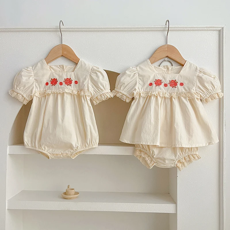 

Summer Clothing Set Infant Girls Flower Embroidered Tee And Bloomer 2PCS Toddler Short Sleeved Baby Romper Suit 0-24M