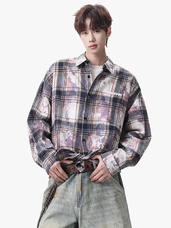

TANGZ Studio American Retro Plaid Long Sve irt Loose Dyeing Printing Men's Spring Faion Polyester Cotton Blend irt