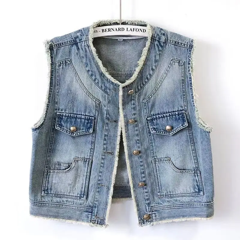 

Retro Womens Round Neck Short Denim Waistcoat Vest Coat