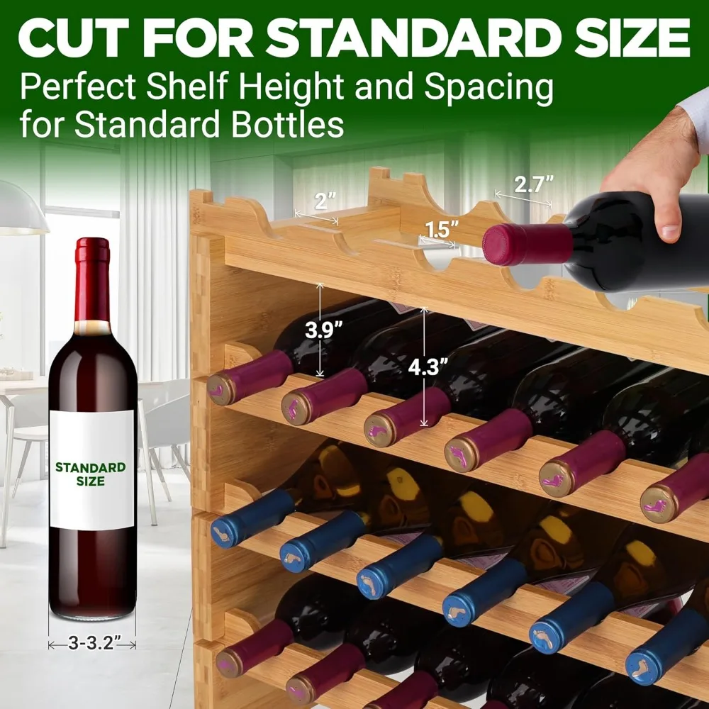 Stackable Bamboo Wine Rack, 108 Bottle Capacity, Easy No-Tool Assembly for Kitchen or Bar Storage