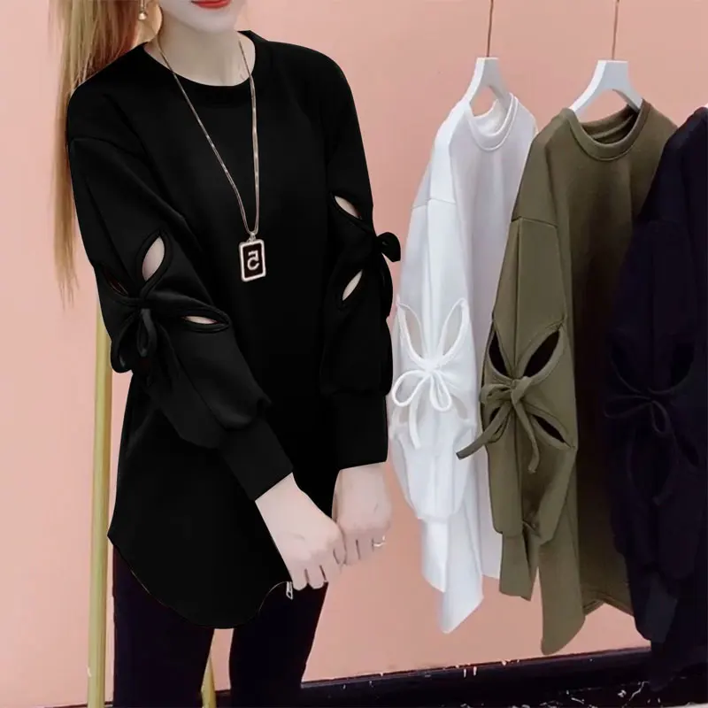 Stylish Solid Color Cut Out Sweatshirts Female Clothing Korean Loose Spring Autumn Long Sleeve Casual Bow Round Neck Pullovers