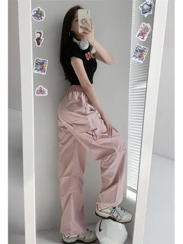 핑크 카고 바지 여성의 초가을 얇은 스타일 2023 새로운 스타일 스포츠 몸집이 작은 스트레이트 다리 봄 가을 맞는 벨 바닥
