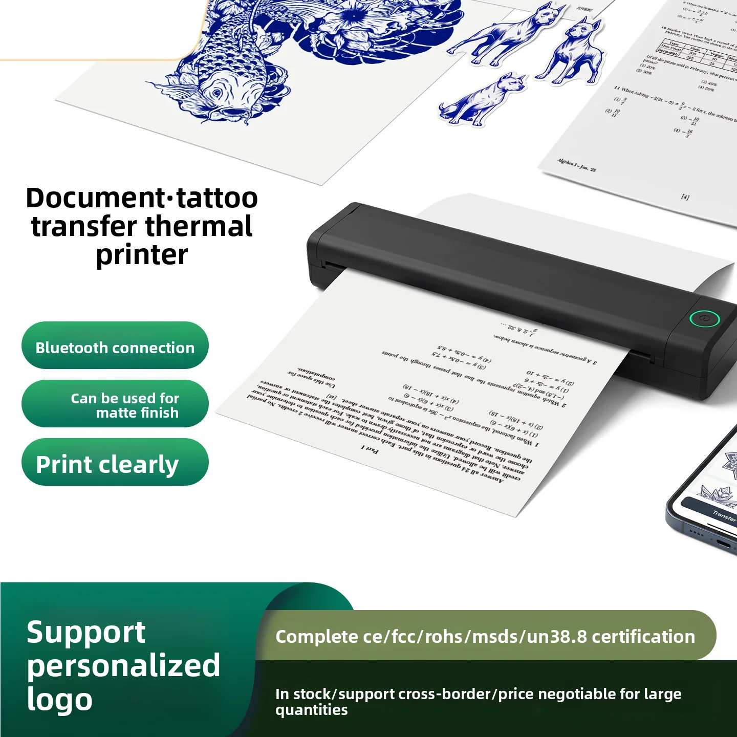 Portable Bluetooth Inkless A4 Thermal Data Printing Tattoo Transfer Office Learning Wrong Question Printer