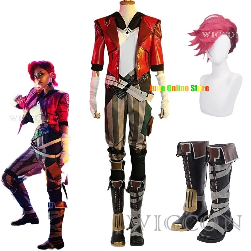 Vi Acrane Cosplay LOL Costume Game Arcane Vi Cosplay Wig Outfits Halloween Carnival Suit With Nose Ring Halloween Costume