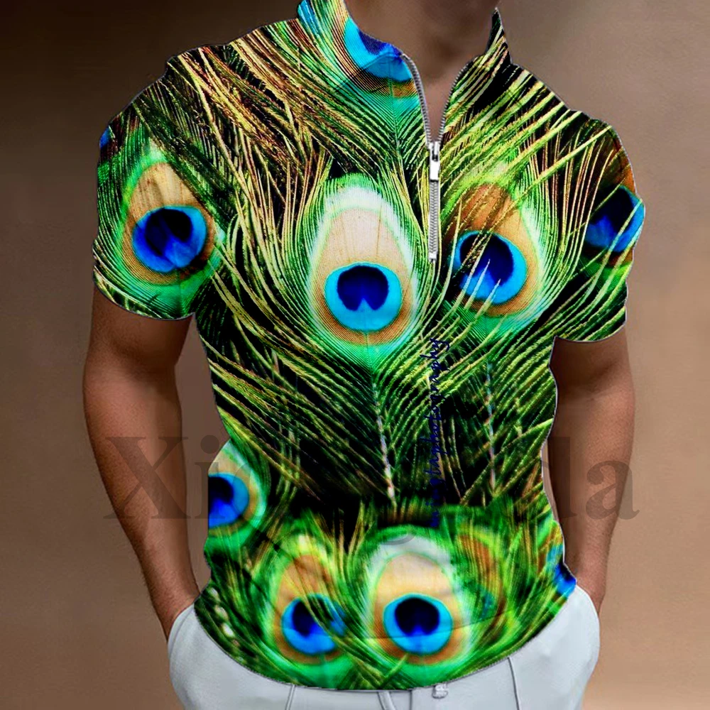 Mens Peacock Feather Printed Polo Shirt Colorful 3D Animal Feather Print Short Sleeve Zip Lapel Polo Shirts Male Harajuku Tees