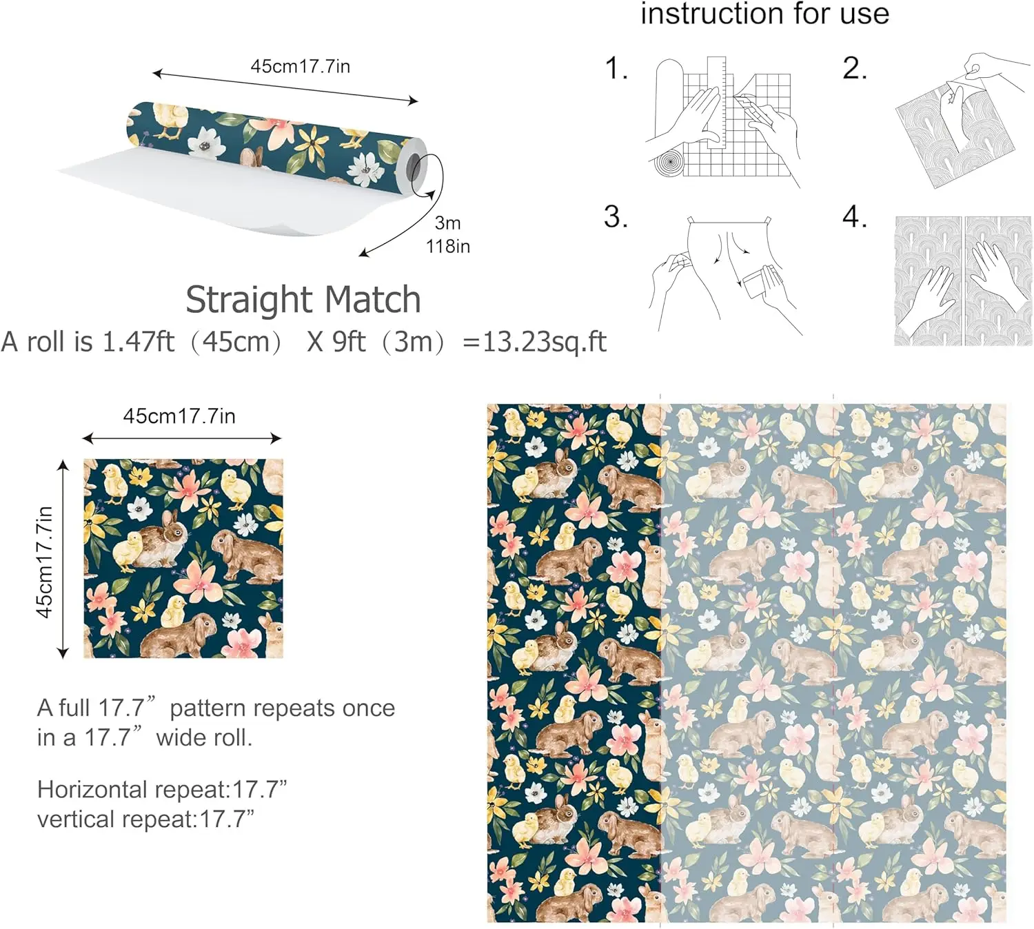 

1pc Animal Rabbit Floral Bunny Chick Peel And Stick Wallpaper Self Adhesive Removable Contact Paper For Home Wall Decor