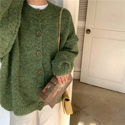 Green Sweater Cardigan Women Winter Sweater Oversized Jacket Harajuku Knitted Sweater Female Autumn O-Neck Loose Coat Streetwear