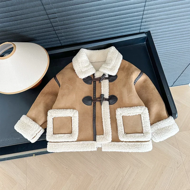 2024 Winter New Children's Clothing Children's Splicing Jacket Boys and Girls Fleece Thickened Top Jacket