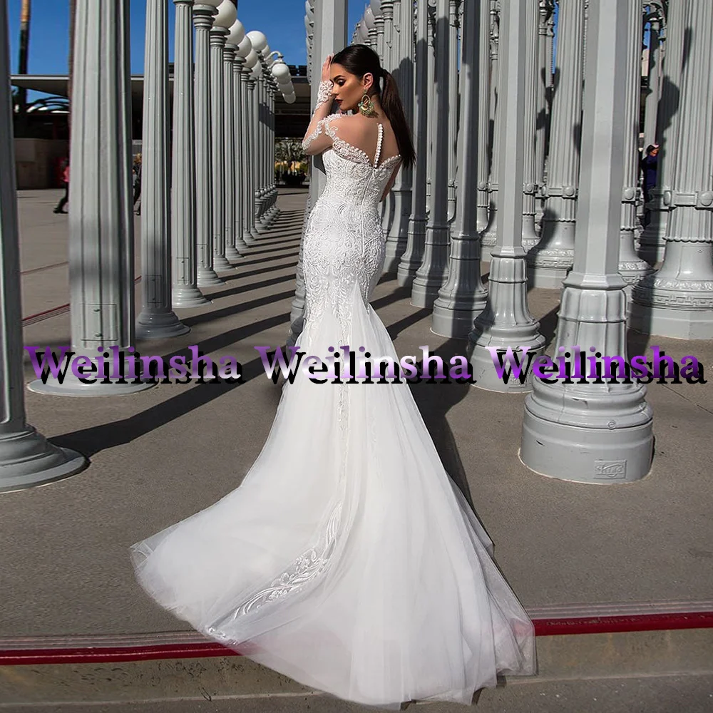 Weilinsha Luxury Mermaid Wedding Dress Detachable Train Robe De Mariée Sexy Long Sleeve Lace Applique Buttons Bridal Gown 2023