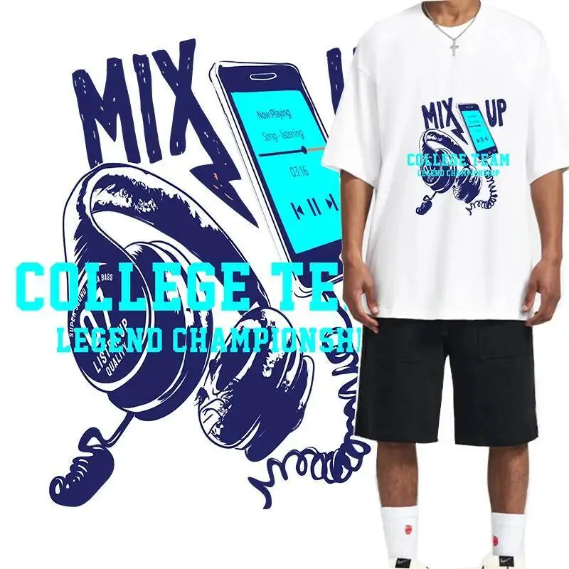 Mobile phone music heat transfer printing trend men's and women's T-shirts hoodie DIY decoration high elastic washable stickers