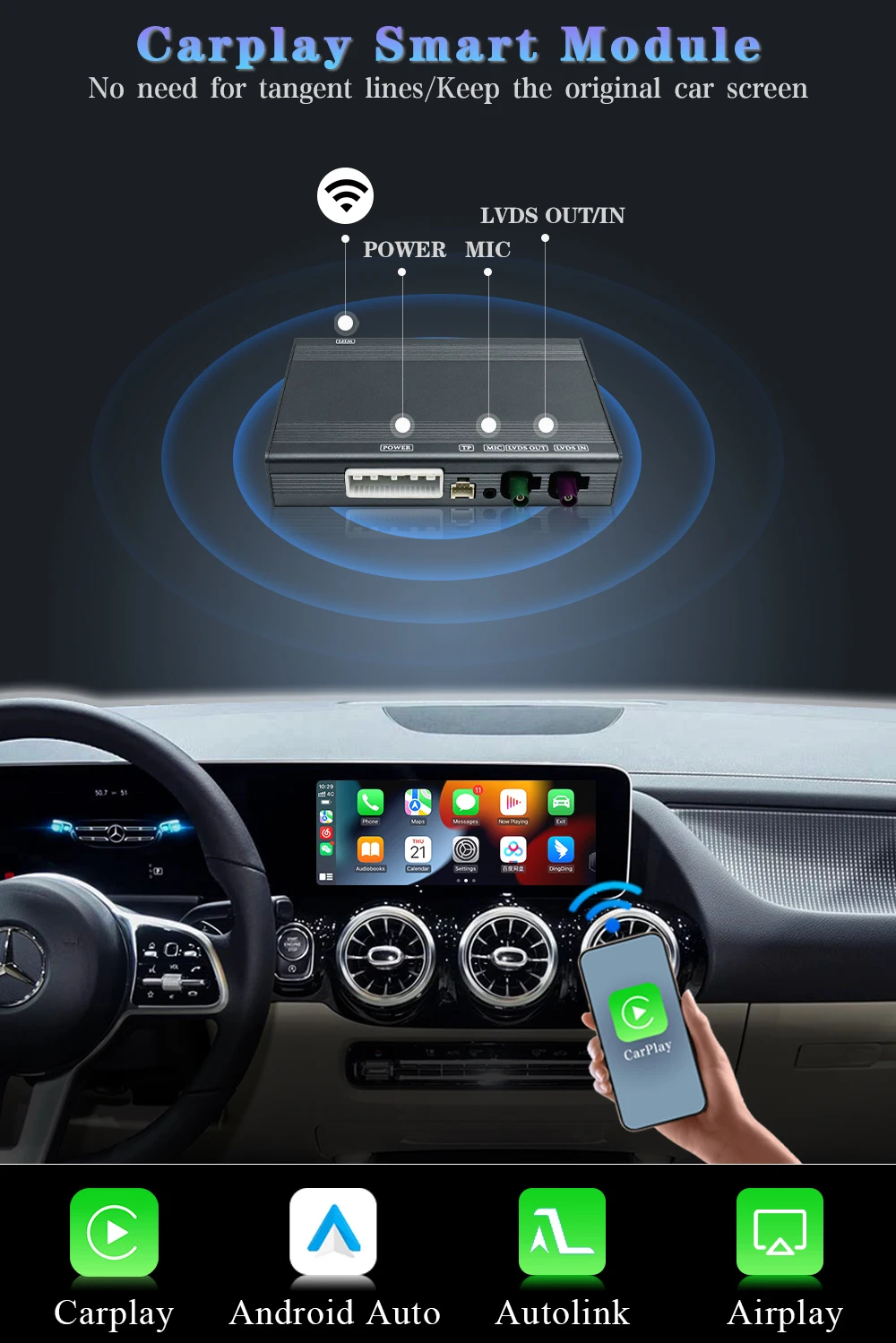 Kabelloses Carplay Android Auto Modul für Mercedes Benz A B C E GLA GLK GLS CLA ML Klasse 2019-2022 NTG 6.0 Mirror Link BT GPS – Detail 2