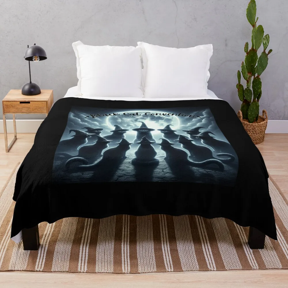 Black Cat Convention, Coven of Witches, Halloween Kitties Throw Blanket Thermals For Travel Furrys Flannel Fabric Blankets