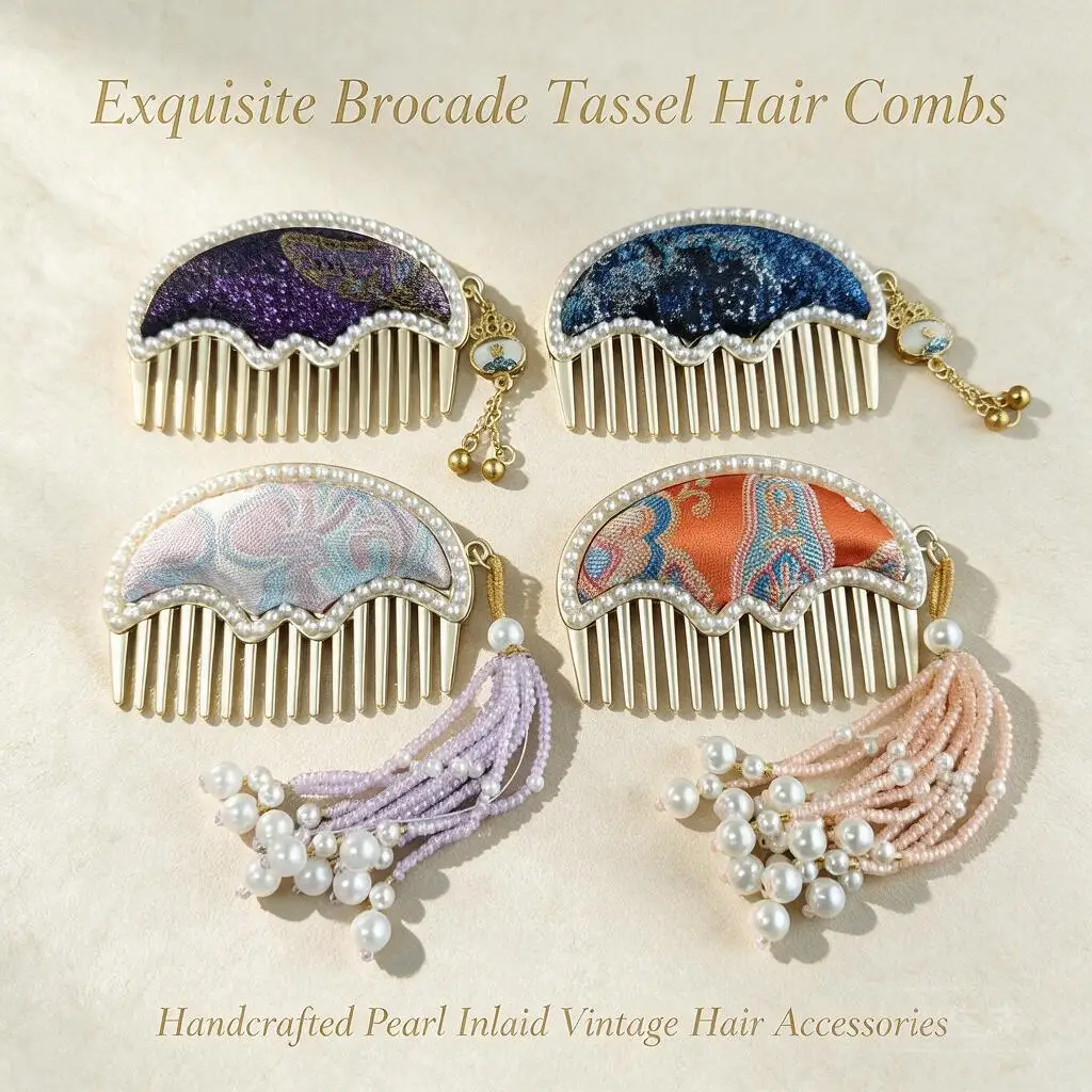 Chic Handmade Chinese Style Brocade Hair Comb Pearl Tassel Hairpin For Women Hanfu Qipao Party Cosplay Daily Wear Vintage Accent