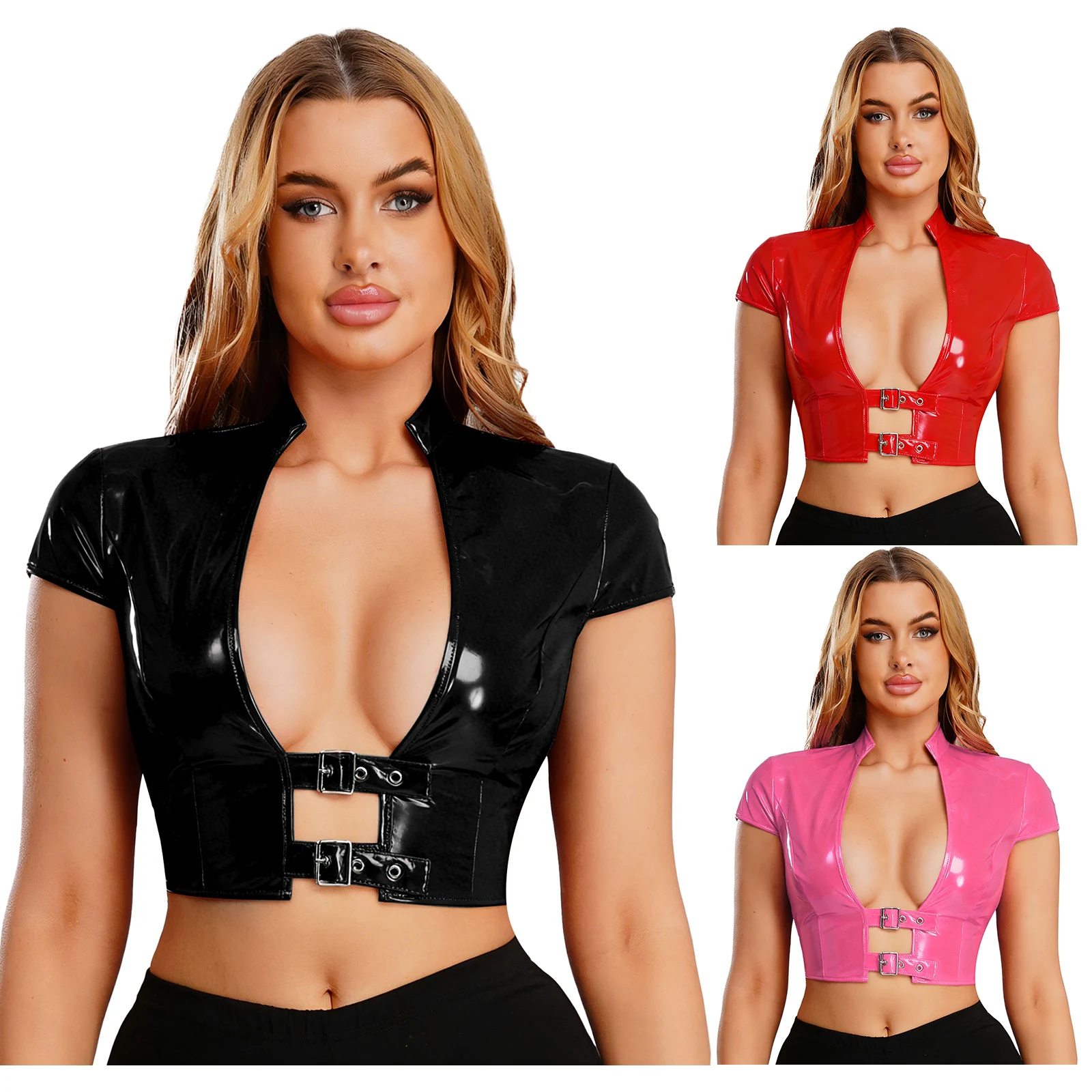 Womens Wet Look PU Leather Latex Crop Top Open Front with Adjustable Buckles Cap Sleeve Crop Corset Glossy Rave Disco Clubwear