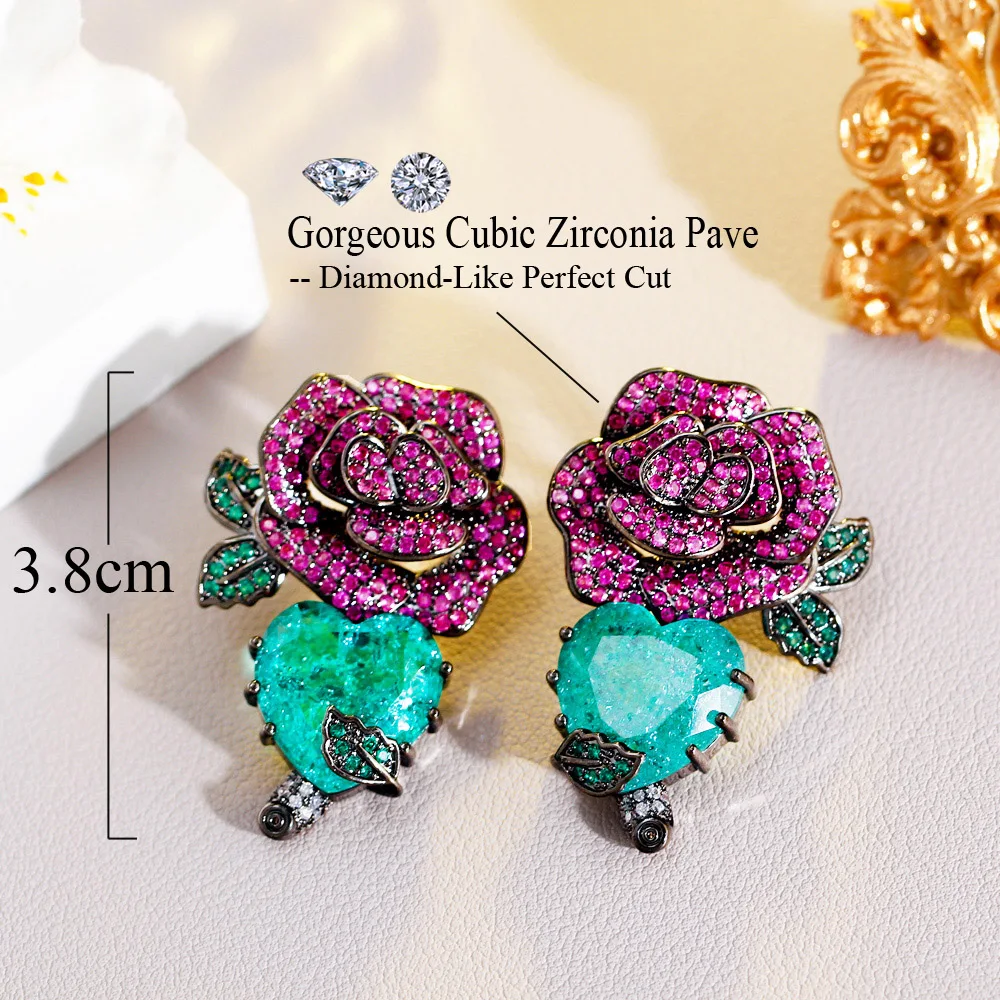 CWWZircons Beliebte Kreative Rosa Rote CZ Große Blumen-Herz-Hängeohrringe für Verlobung und Festlichkeiten für Damen Großhandel E0884 – Detail 8