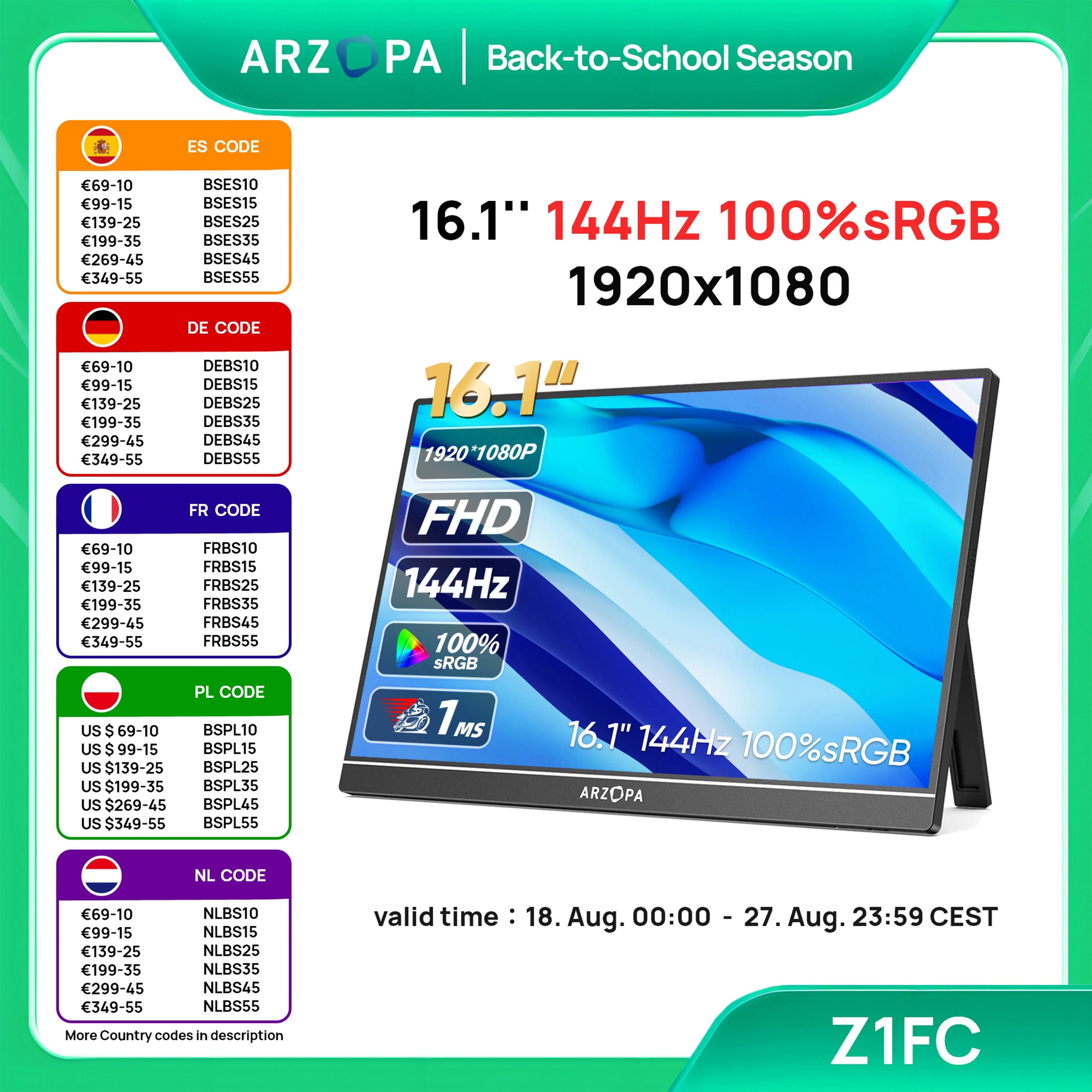 ARZOPA 16.1 inch144hz 100% sRGB 1080P FHD IPS Portable Monitor External Second Screen for Laptop/PC/PS5/Mac/Xbox Z1FC