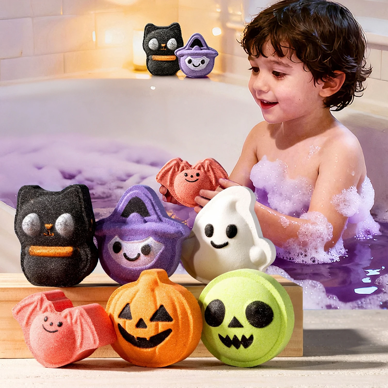 Halloween Bathbombs Gift Set for Kids 6 Spookys Shapes Design Witch Bat Ghosts Pumpkins Bubble Spa Balls Trick or Treat Gift