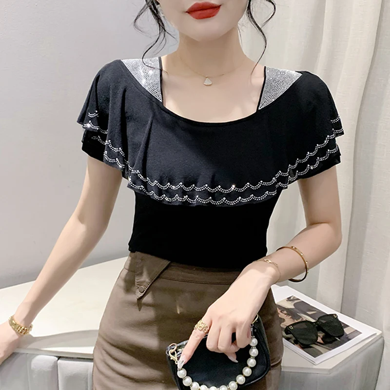 Été 2024 Sexy Me ort Sve T-shirt femmes Faion col carré dentelle garniture lourd embelli diamant haut coréen Sle