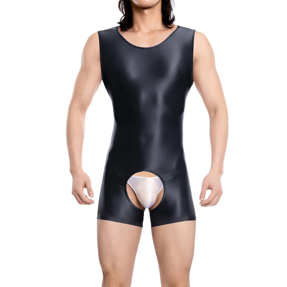 Men's Sexy Smooth Yoga Bodysuit Glossy Shiny Elastic Open Crotch Leotard One Piece Thong Shaper T-shirt Vest Tights