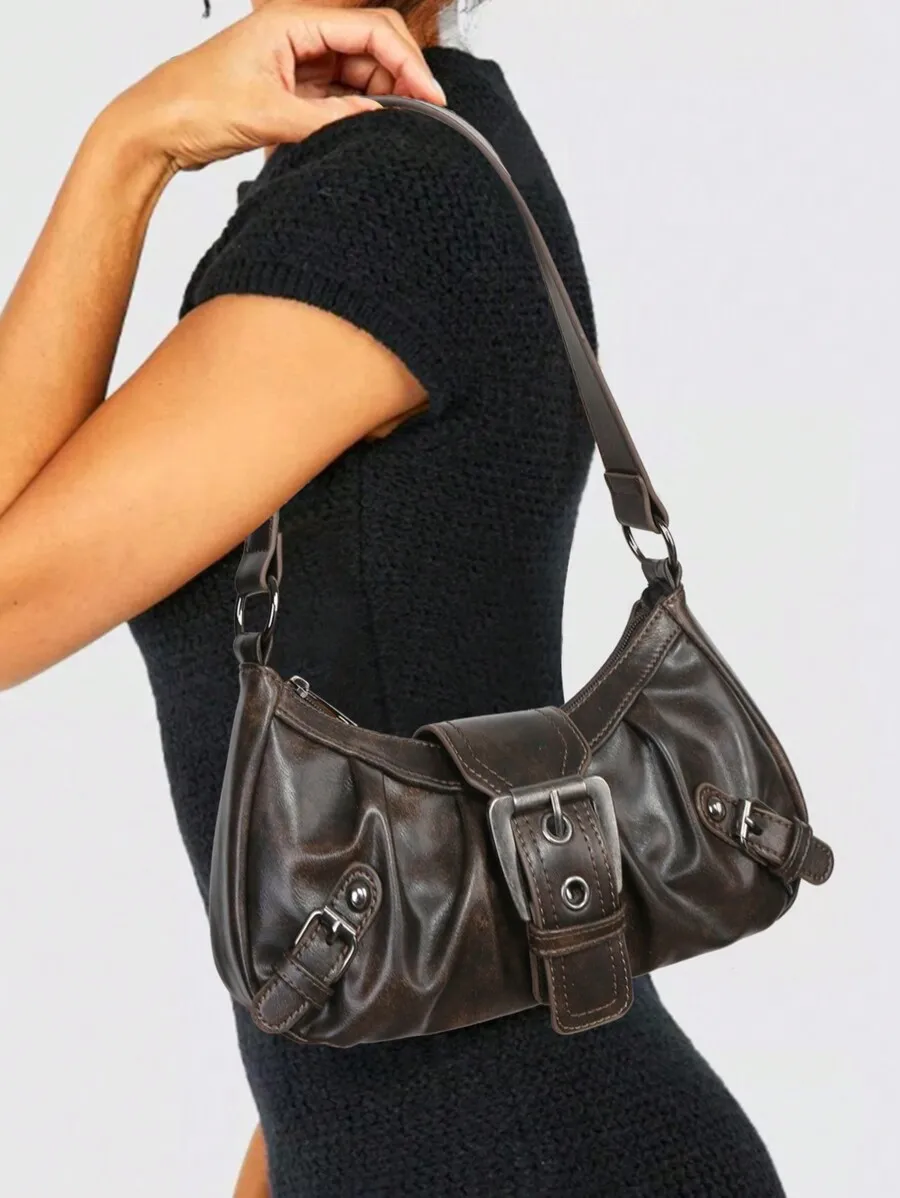 Retro Maillard Soft Aged Brushed Artificial Leather Motorcycle Shoulder Bag, French Stick Bag, Vintage Look, Distressed Finish,
