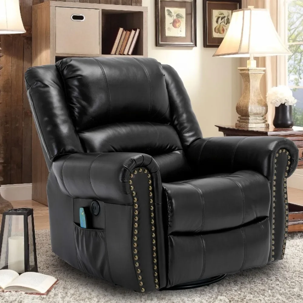 Manual 360 Degree Swivel Glider Rocker Recliner Chair with Massage and Heat, USB Ports and 2 Side Pockets, Living Room Chairs